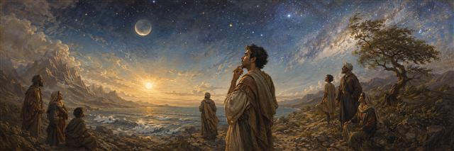 People admire the sun, stars, wind, and sea as one seeker looks beyond their beauty toward a greater unseen source
